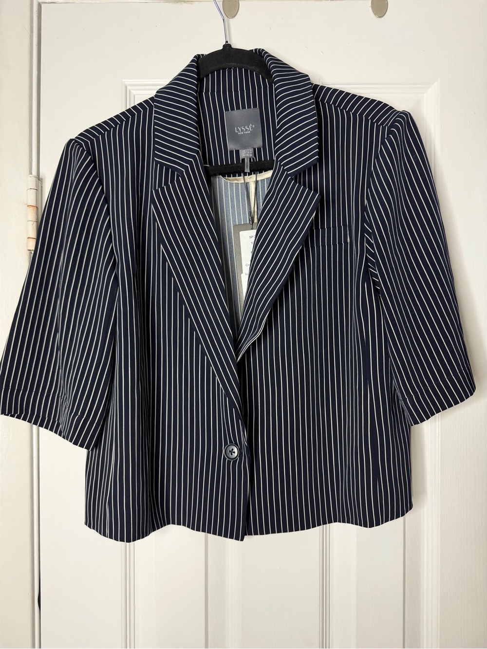Lysse Suit Set - Navy Pinstripe Short-Sleeve Blazer and Wide Leg Pant Suit